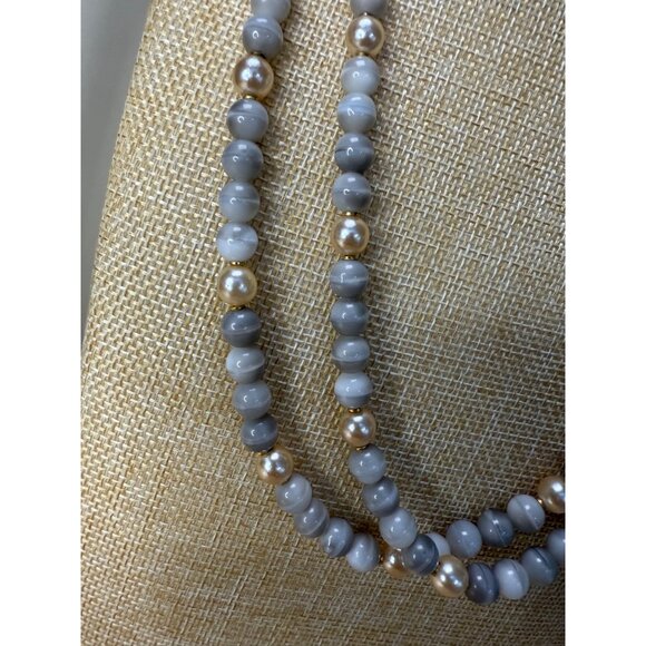 Long Beaded Necklace With Neutral Gray & Gold Tones - Picture 2 of 11